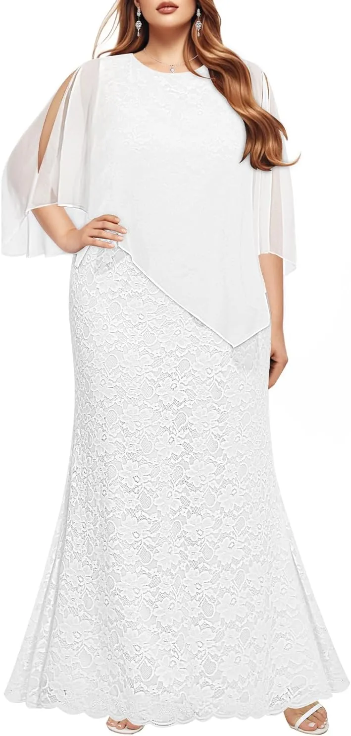 Women's Plus Size Cape Dress with Chiffon Overlay Gown Formal Evening Lace Long Mermaid Dresses 2025