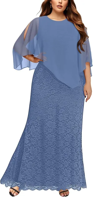Women's Plus Size Cape Dress with Chiffon Overlay Gown Formal Evening Lace Long Mermaid Dresses 2025
