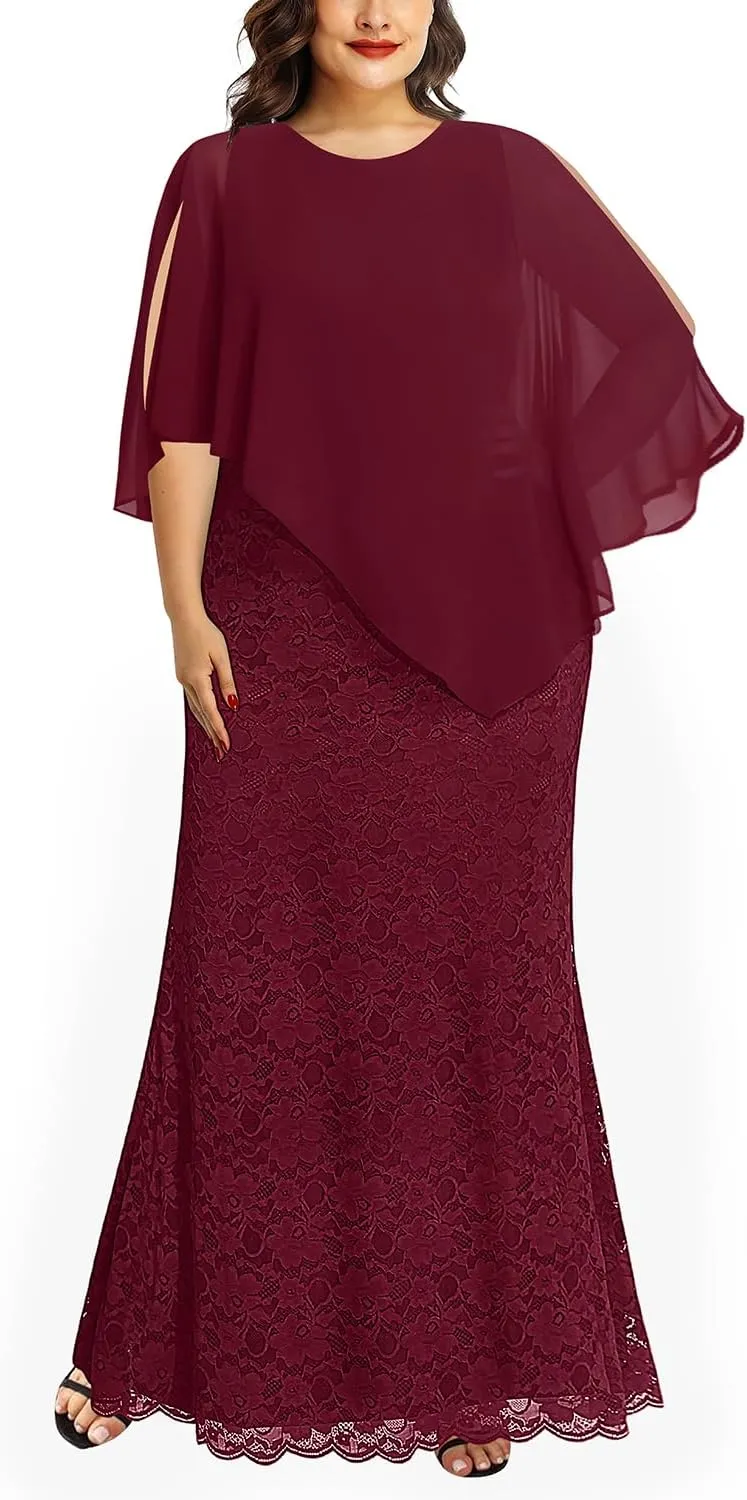 Women's Plus Size Cape Dress with Chiffon Overlay Gown Formal Evening Lace Long Mermaid Dresses 2025