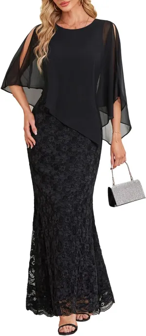 Women's Plus Size Cape Dress with Chiffon Overlay Gown Formal Evening Lace Long Mermaid Dresses 2025