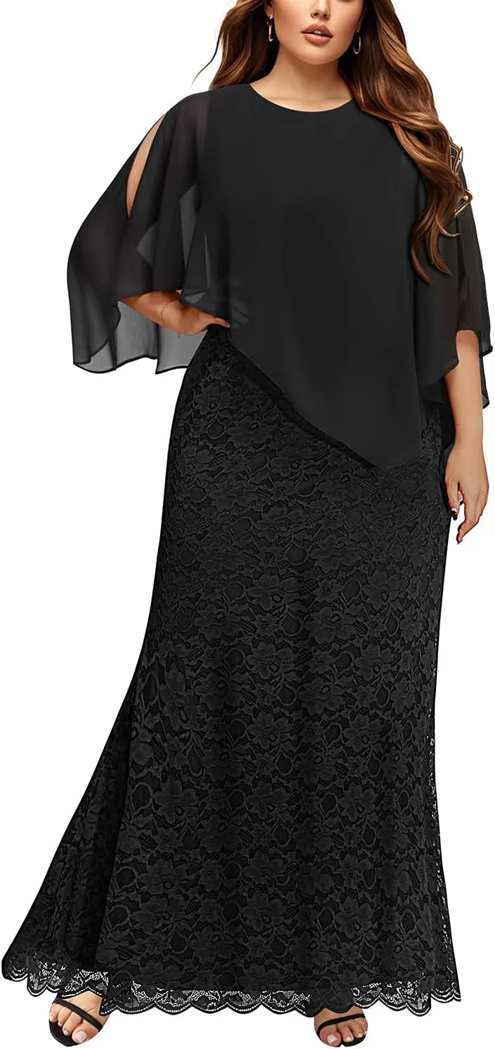 Women's Plus Size Cape Dress with Chiffon Overlay Gown Formal Evening Lace Long Mermaid Dresses 2025