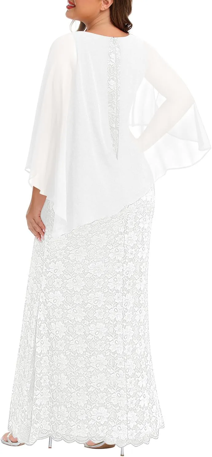 Women's Plus Size Cape Dress with Chiffon Overlay Gown Formal Evening Lace Long Mermaid Dresses 2025