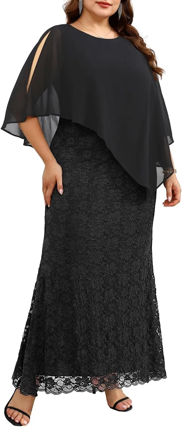 Women's Plus Size Cape Dress with Chiffon Overlay Gown Formal Evening Lace Long Mermaid Dresses 2025