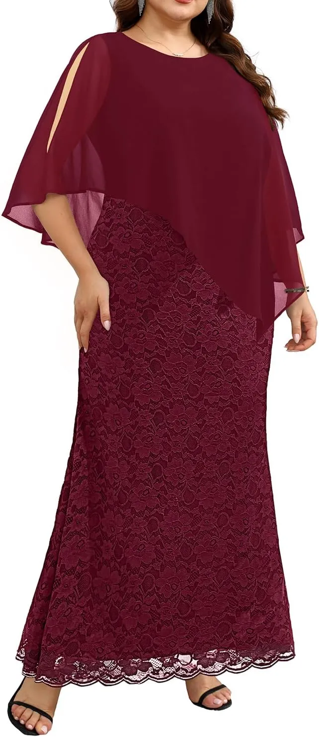 Women's Plus Size Cape Dress with Chiffon Overlay Gown Formal Evening Lace Long Mermaid Dresses 2025