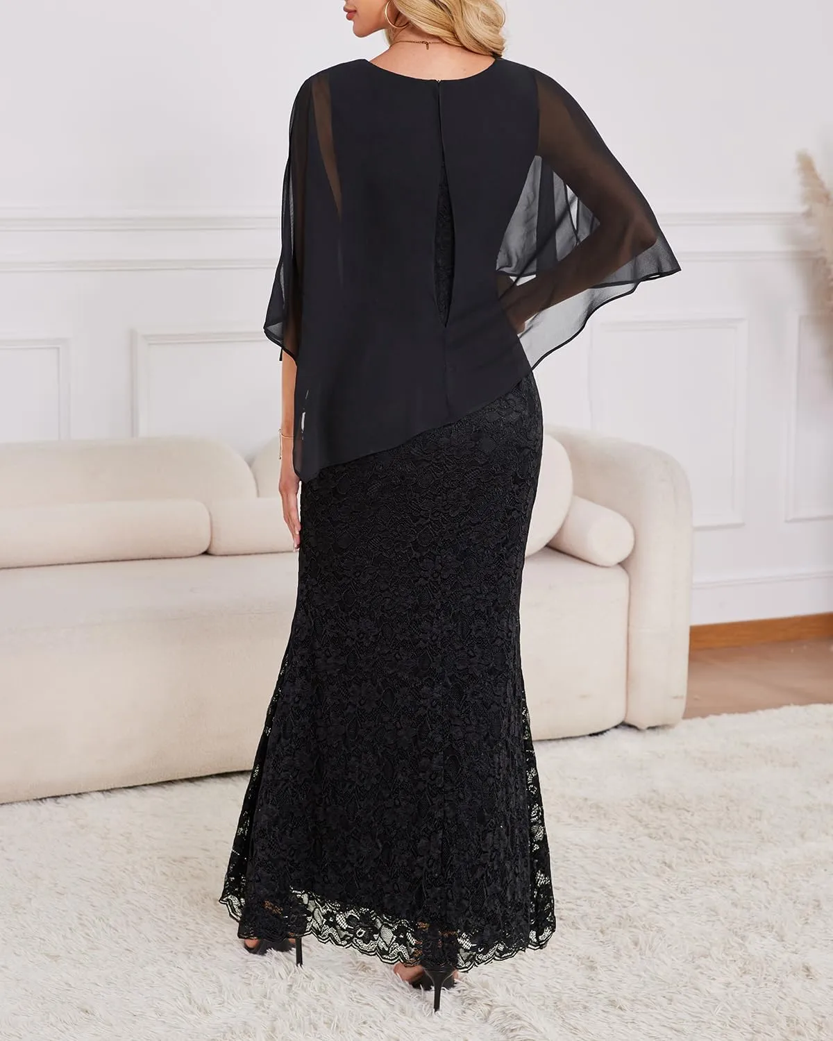 Women's Plus Size Cape Dress with Chiffon Overlay Gown Formal Evening Lace Long Mermaid Dresses 2025