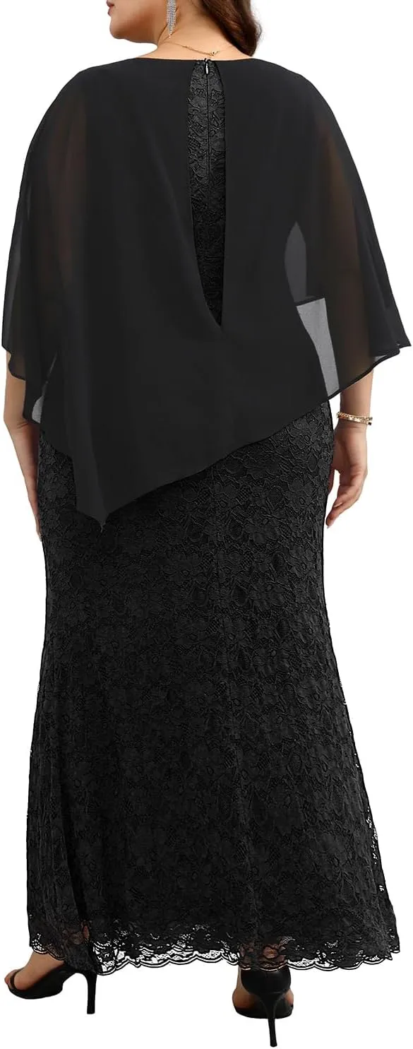 Women's Plus Size Cape Dress with Chiffon Overlay Gown Formal Evening Lace Long Mermaid Dresses 2025