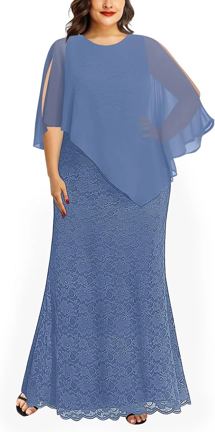 Women's Plus Size Cape Dress with Chiffon Overlay Gown Formal Evening Lace Long Mermaid Dresses 2025