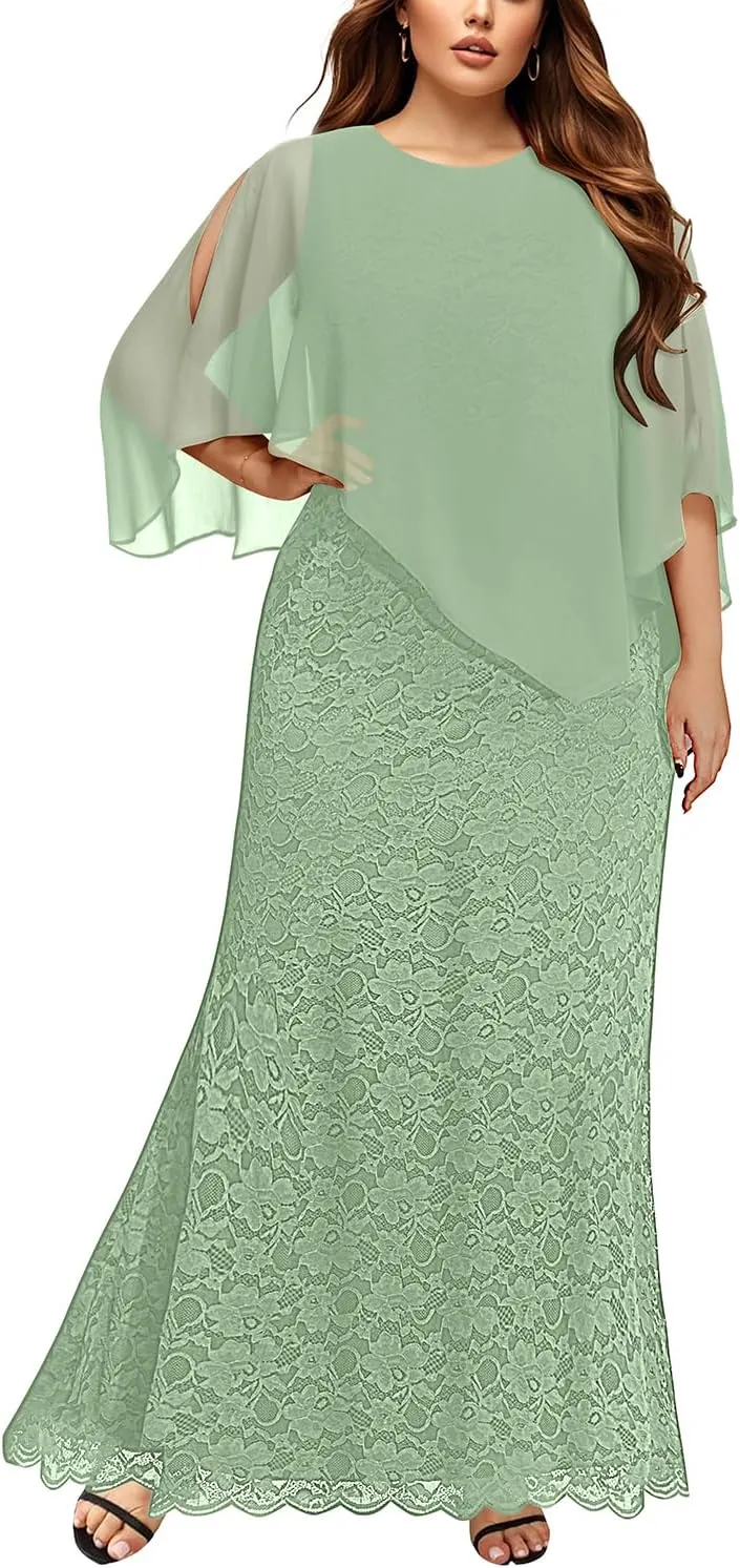 Women's Plus Size Cape Dress with Chiffon Overlay Gown Formal Evening Lace Long Mermaid Dresses 2025