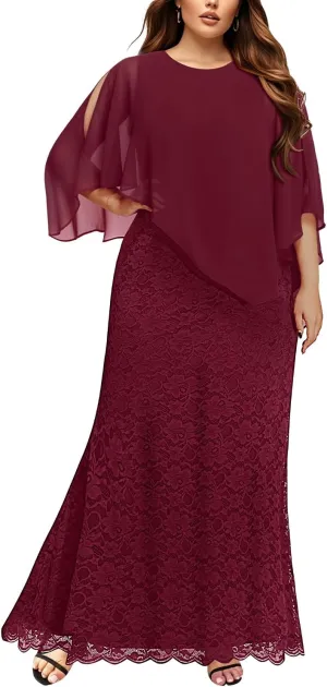 Women's Plus Size Cape Dress with Chiffon Overlay Gown Formal Evening Lace Long Mermaid Dresses 2025