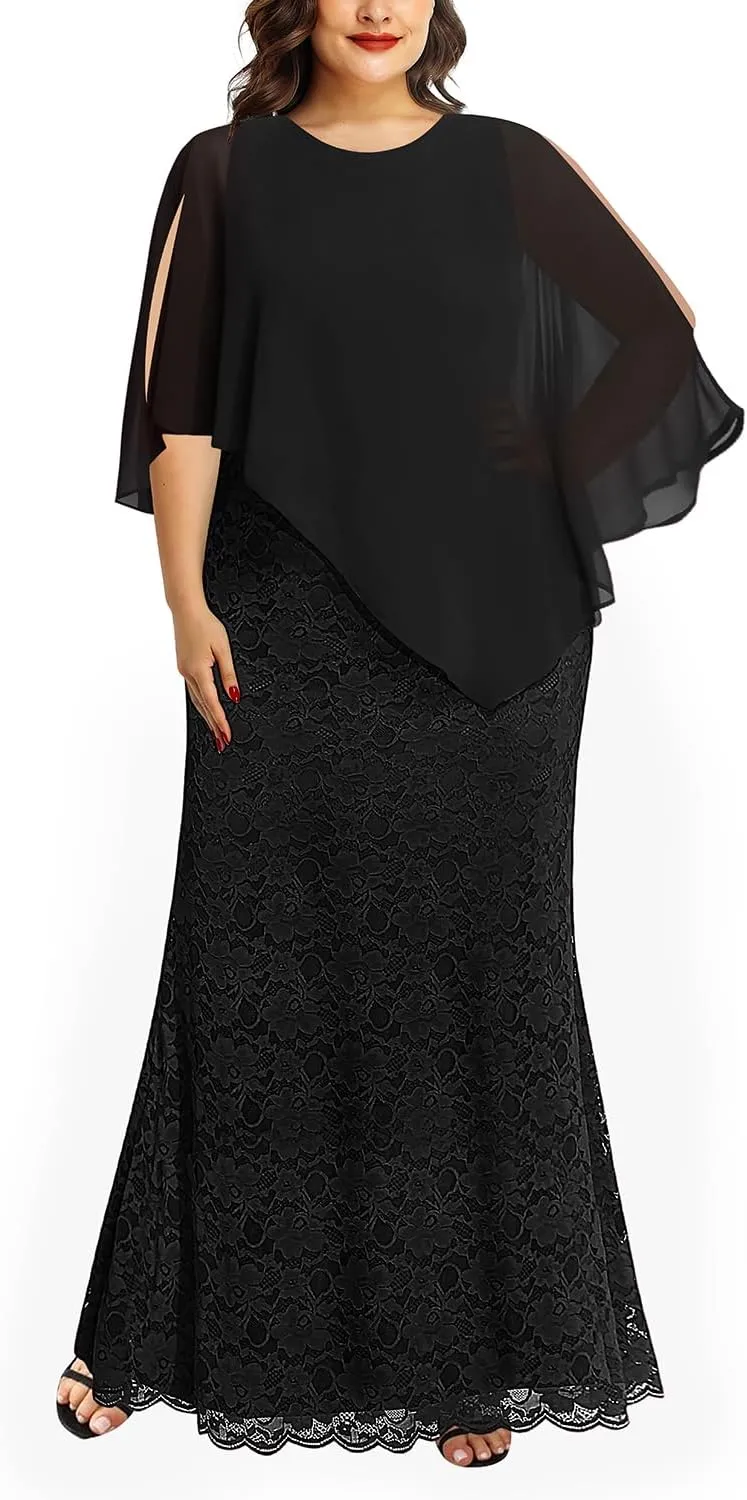 Women's Plus Size Cape Dress with Chiffon Overlay Gown Formal Evening Lace Long Mermaid Dresses 2025