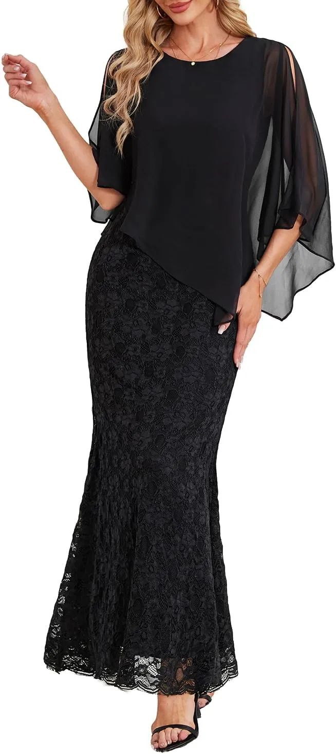 Women's Plus Size Cape Dress with Chiffon Overlay Gown Formal Evening Lace Long Mermaid Dresses 2025