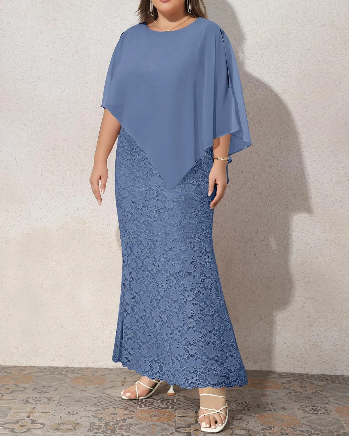 Women's Plus Size Cape Dress with Chiffon Overlay Gown Formal Evening Lace Long Mermaid Dresses 2025