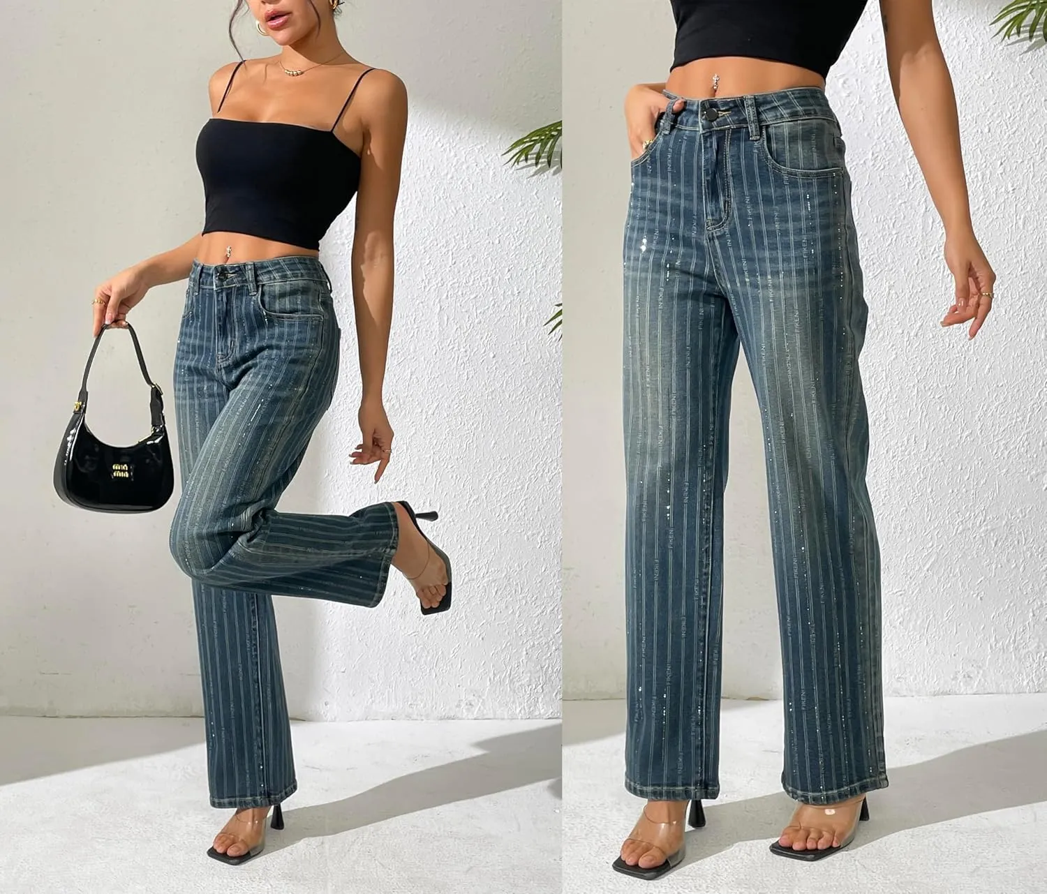 Women's Rhinestone Striped Jeans Wide Straight Leg Pants High Waist Stretch Denim Trouser 2025 Jeans