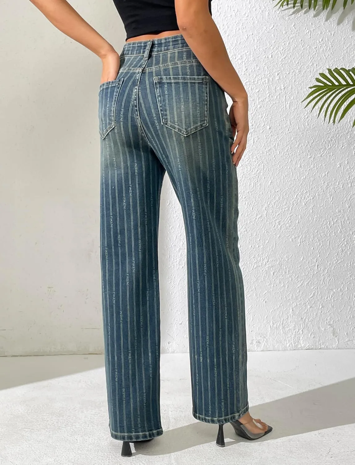 Women's Rhinestone Striped Jeans Wide Straight Leg Pants High Waist Stretch Denim Trouser 2025 Jeans