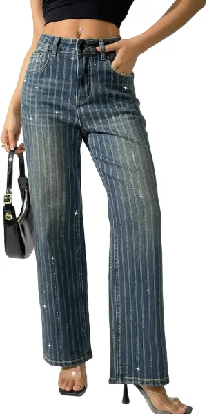 Women's Rhinestone Striped Jeans Wide Straight Leg Pants High Waist Stretch Denim Trouser 2025 Jeans