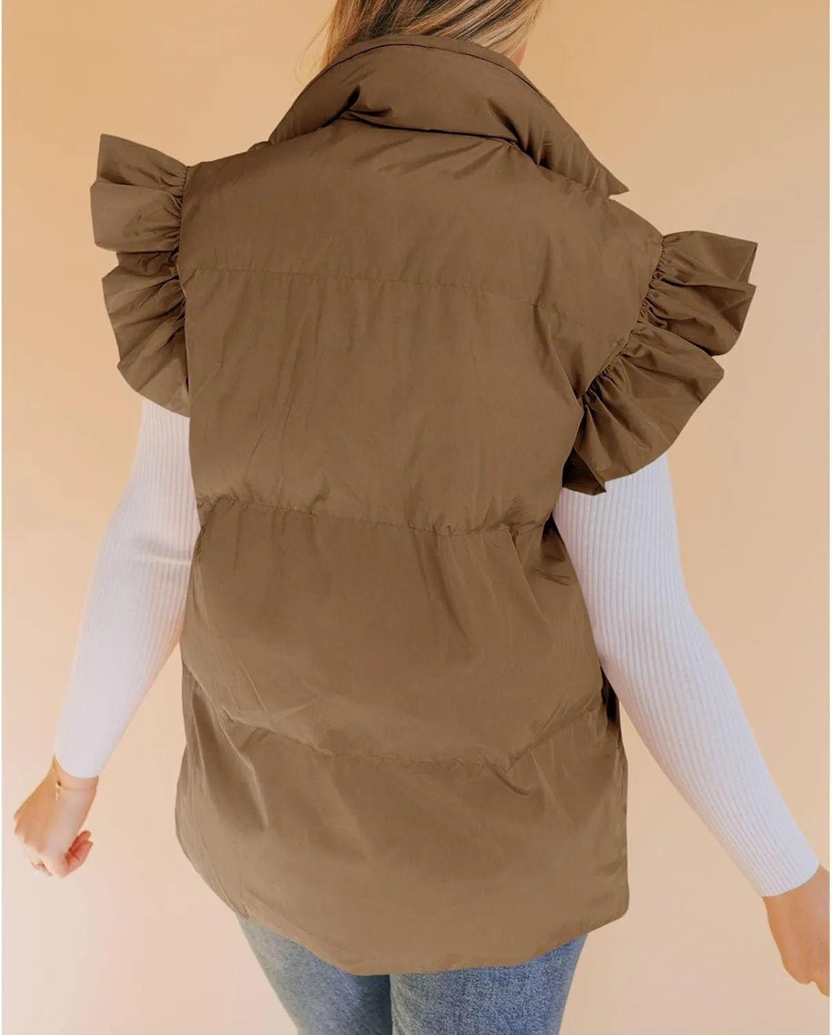 Womens Ruffle Sleeve Quilted Puffer Vest Button Down Puffy Bubble Jackets 2023 Trendy Lightweight Sleeveless Winter Outwear