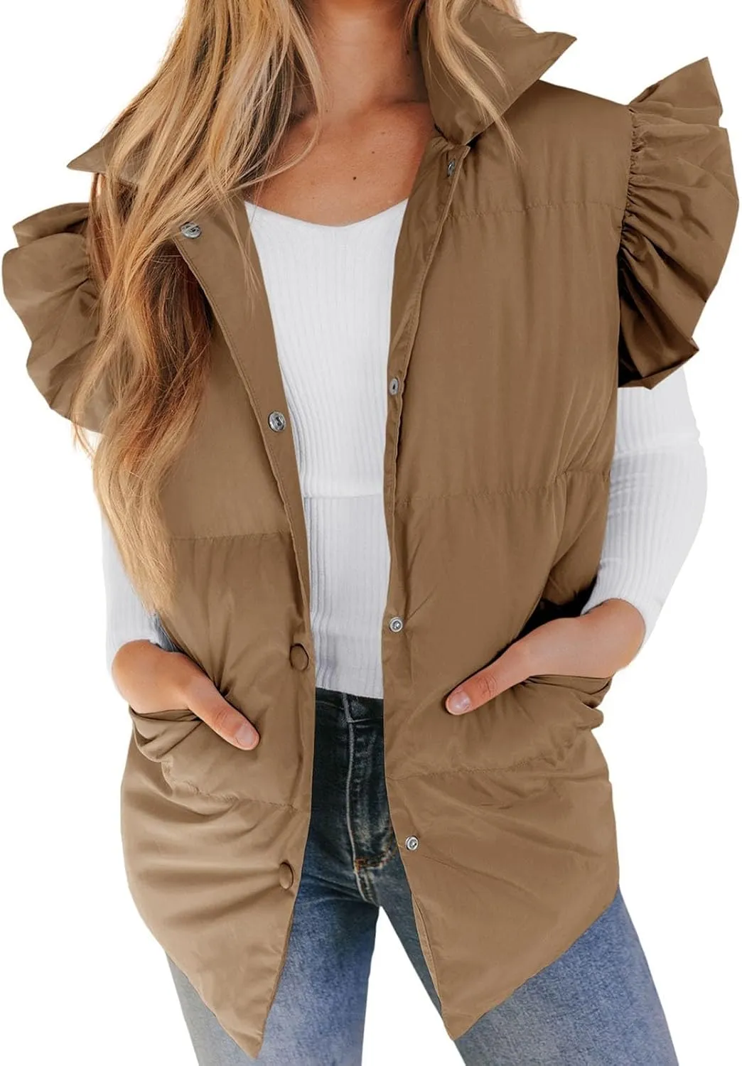 Womens Ruffle Sleeve Quilted Puffer Vest Button Down Puffy Bubble Jackets 2023 Trendy Lightweight Sleeveless Winter Outwear