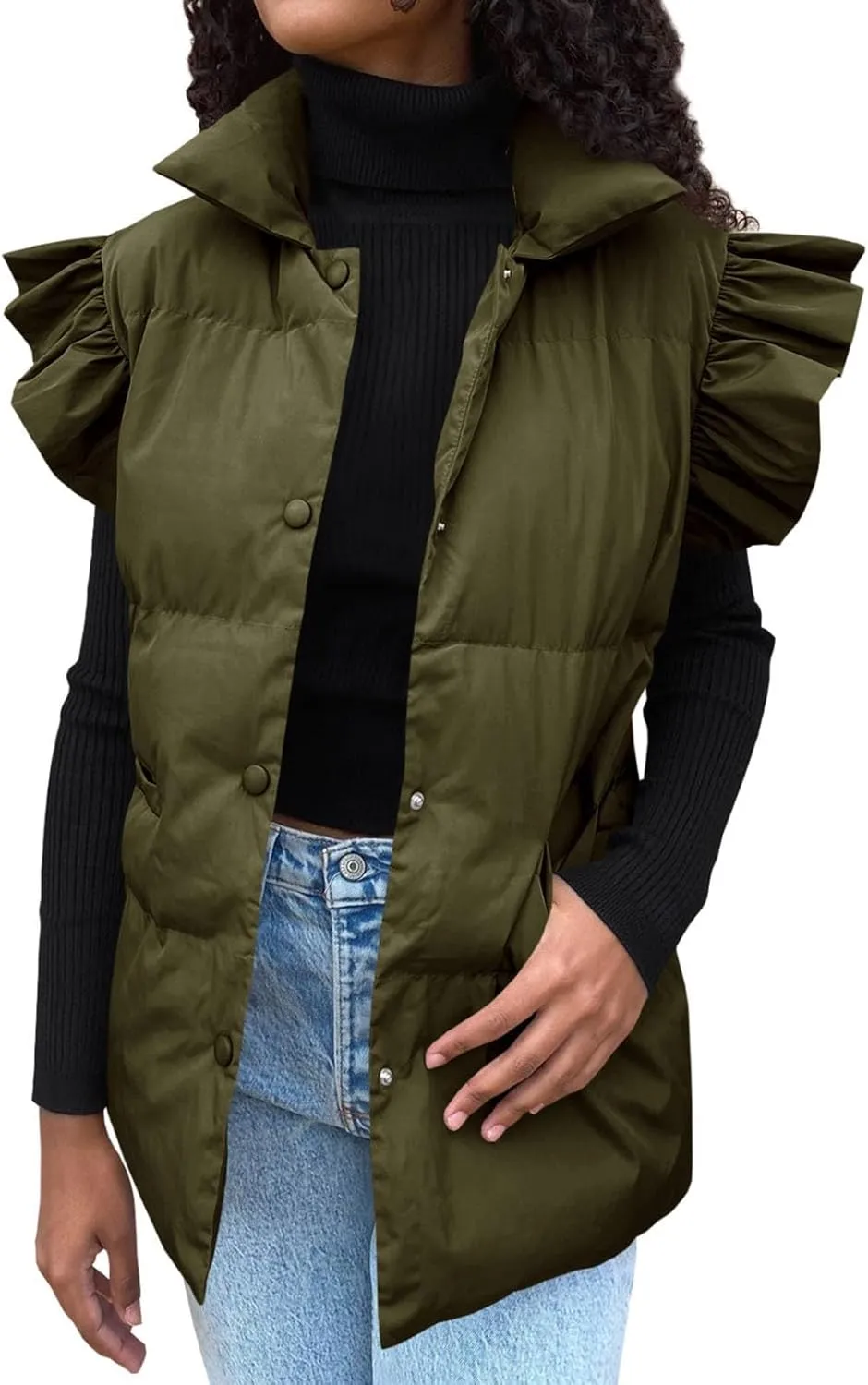 Womens Ruffle Sleeve Quilted Puffer Vest Button Down Puffy Bubble Jackets 2023 Trendy Lightweight Sleeveless Winter Outwear