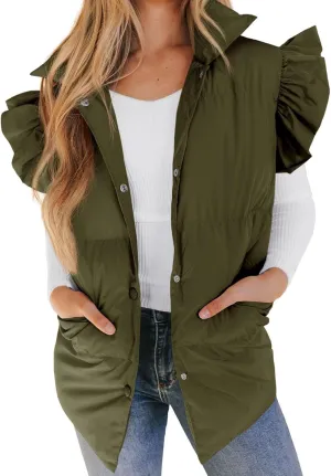 Womens Ruffle Sleeve Quilted Puffer Vest Button Down Puffy Bubble Jackets 2023 Trendy Lightweight Sleeveless Winter Outwear