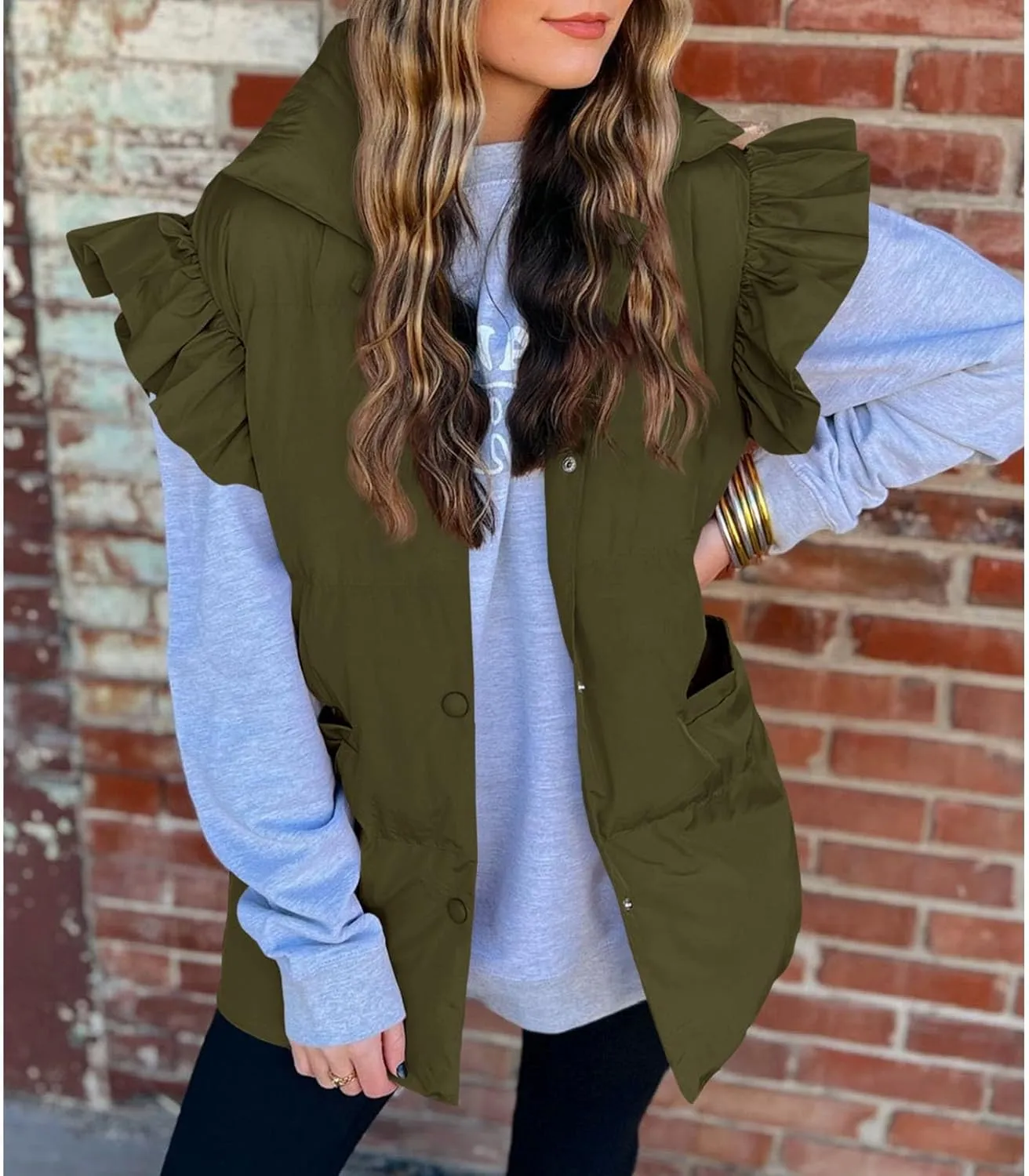 Womens Ruffle Sleeve Quilted Puffer Vest Button Down Puffy Bubble Jackets 2023 Trendy Lightweight Sleeveless Winter Outwear