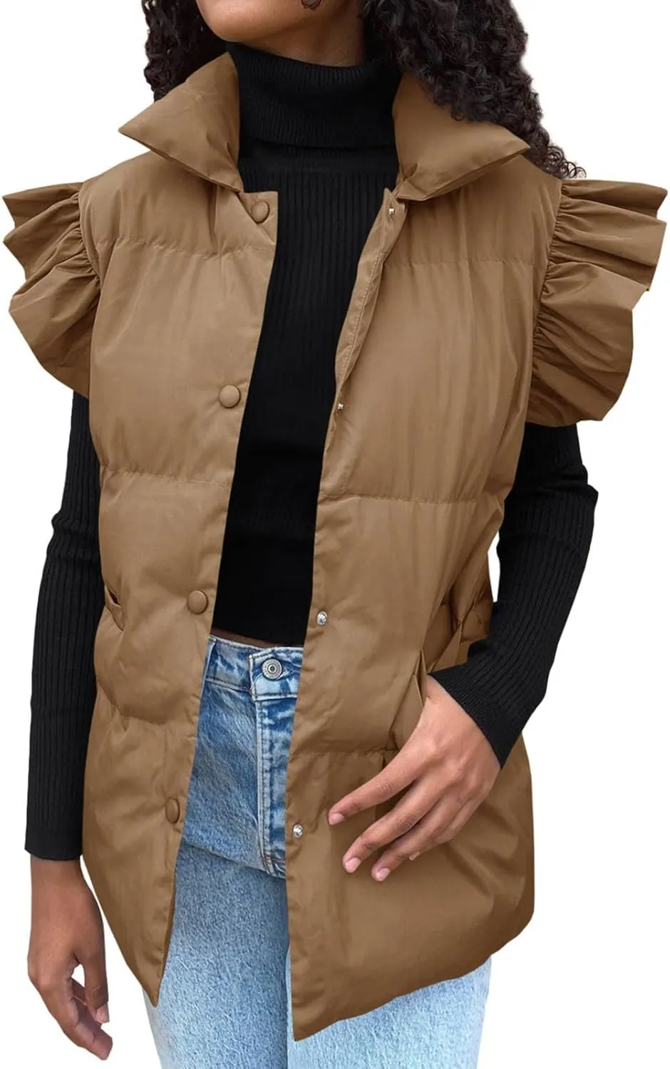 Womens Ruffle Sleeve Quilted Puffer Vest Button Down Puffy Bubble Jackets 2023 Trendy Lightweight Sleeveless Winter Outwear