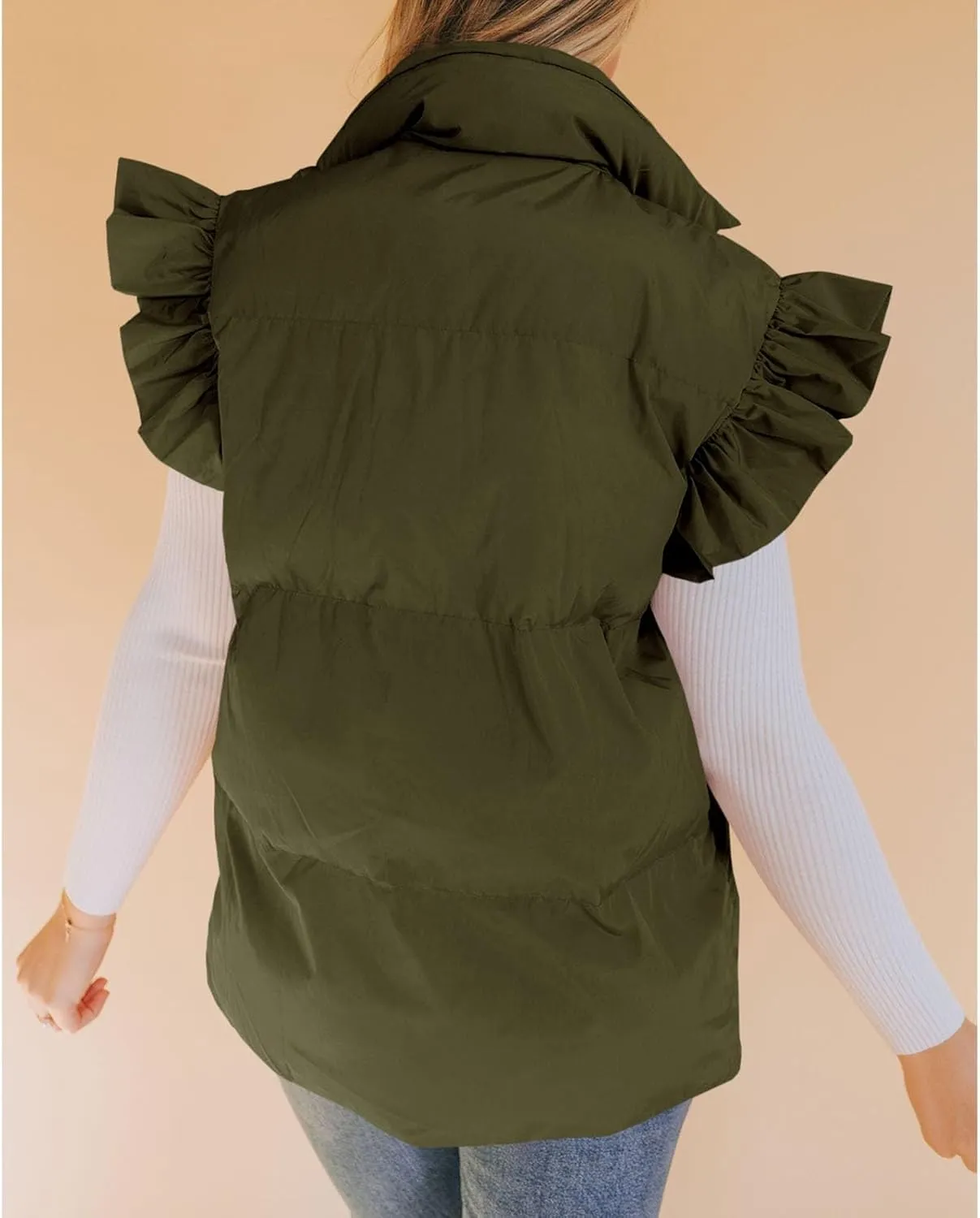 Womens Ruffle Sleeve Quilted Puffer Vest Button Down Puffy Bubble Jackets 2023 Trendy Lightweight Sleeveless Winter Outwear