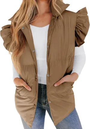 Womens Ruffle Sleeve Quilted Puffer Vest Button Down Puffy Bubble Jackets 2023 Trendy Lightweight Sleeveless Winter Outwear