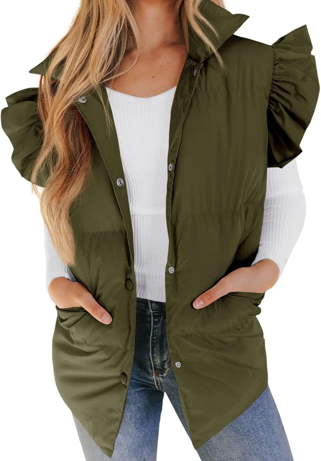 Womens Ruffle Sleeve Quilted Puffer Vest Button Down Puffy Bubble Jackets 2023 Trendy Lightweight Sleeveless Winter Outwear