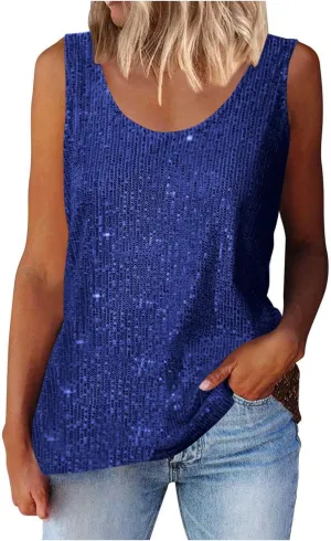 Women's Sequin Tank Top Summer Fashion Sparkly Sleeveless Tshirts Nightclub Party Glitter Scoop Neck Going Out Tops