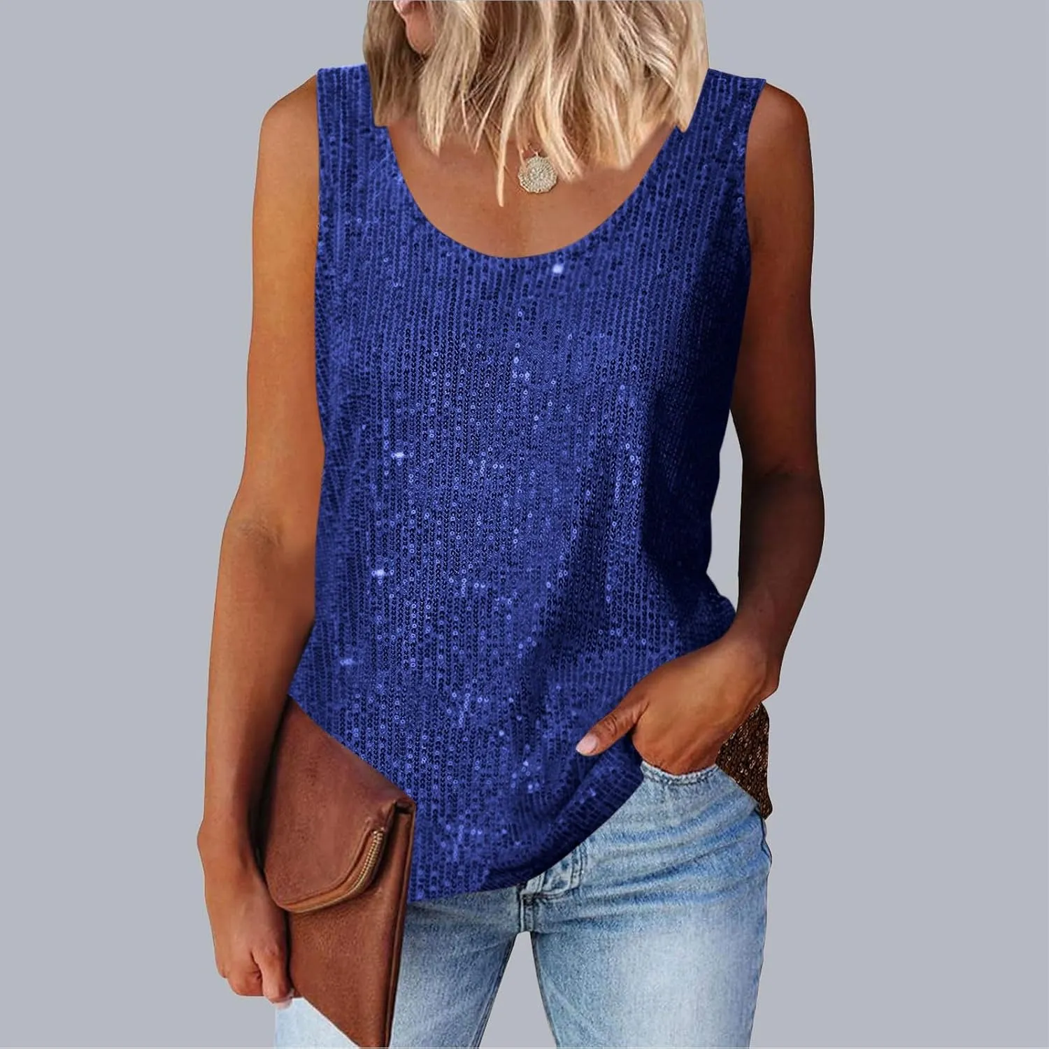 Women's Sequin Tank Top Summer Fashion Sparkly Sleeveless Tshirts Nightclub Party Glitter Scoop Neck Going Out Tops