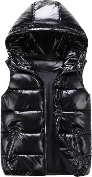 Womens Shiny Puffer Down Vest Quilted Zip Up Hat Collar Pocketed Sleeveless Jacket Puffer Vest Women