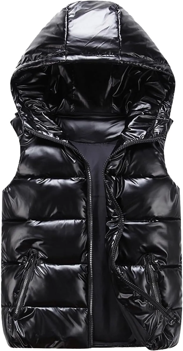 Womens Shiny Puffer Down Vest Quilted Zip Up Hat Collar Pocketed Sleeveless Jacket Puffer Vest Women