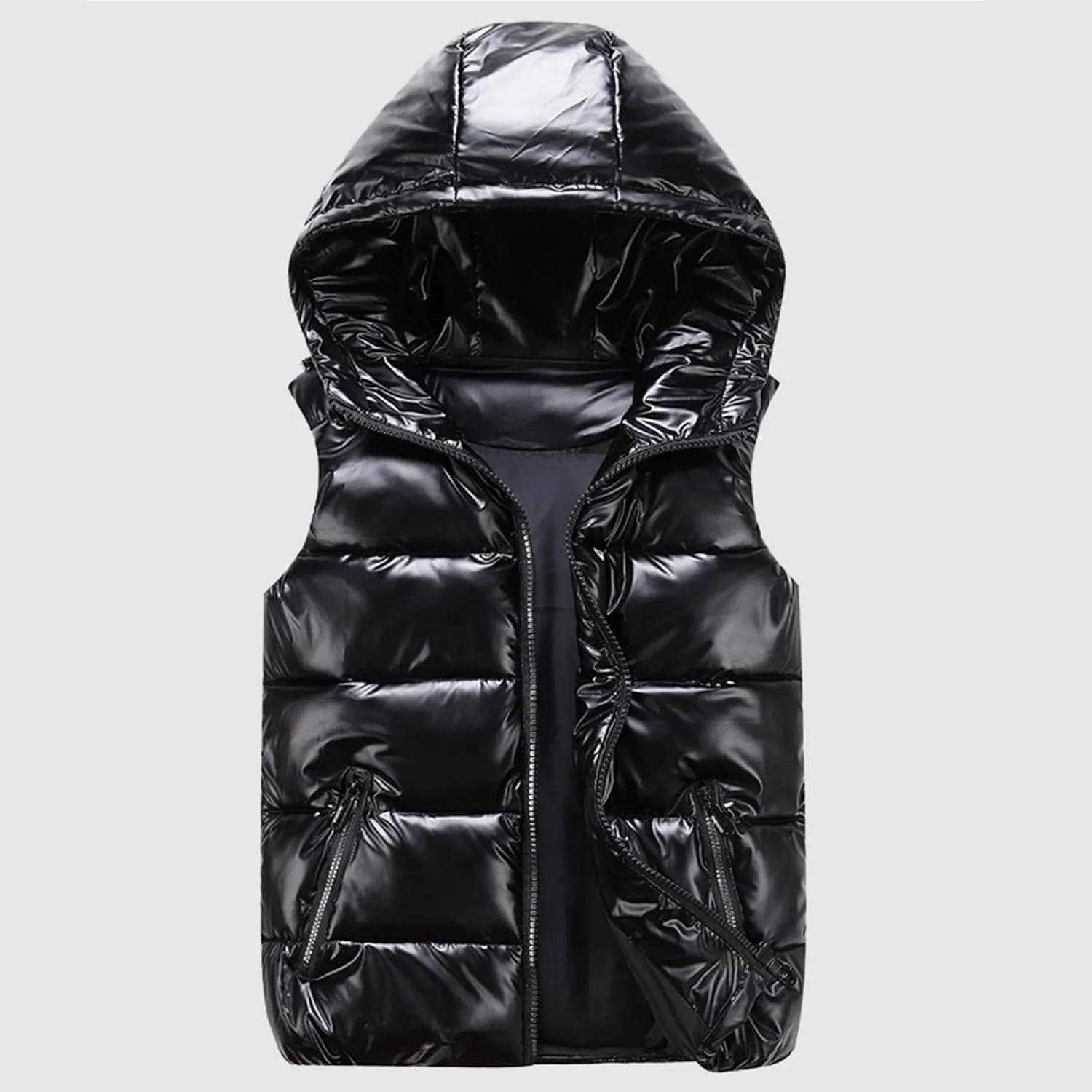 Womens Shiny Puffer Down Vest Quilted Zip Up Hat Collar Pocketed Sleeveless Jacket Puffer Vest Women