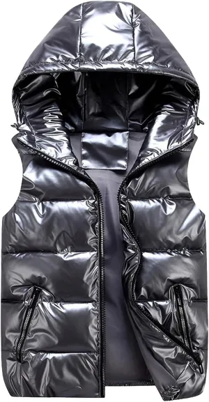 Womens Shiny Puffer Down Vest Quilted Zip Up Hat Collar Pocketed Sleeveless Jacket Puffer Vest Women