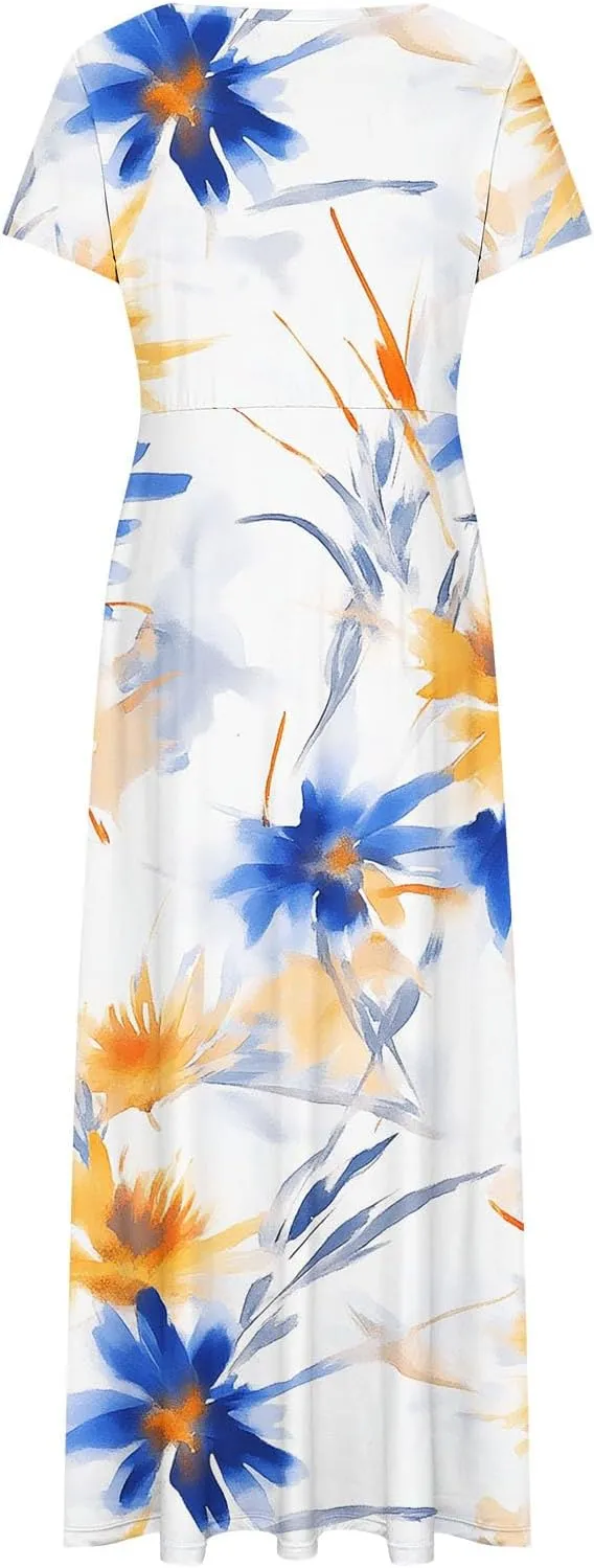 Womens Short Sleeve Casual Sundress Boho Floral Print Vacation Maxi Dresses Fashion Loose Summer Outfit