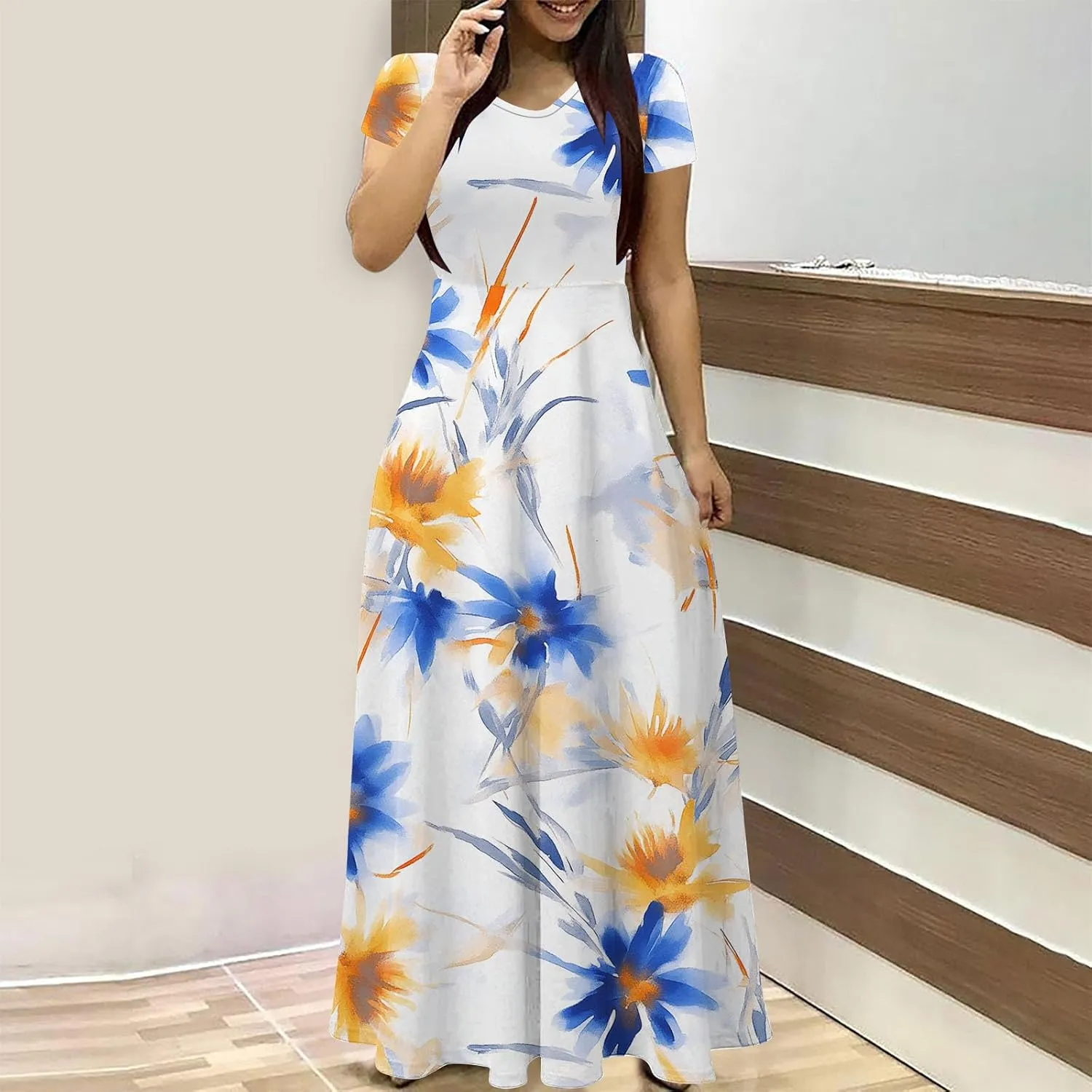 Womens Short Sleeve Casual Sundress Boho Floral Print Vacation Maxi Dresses Fashion Loose Summer Outfit