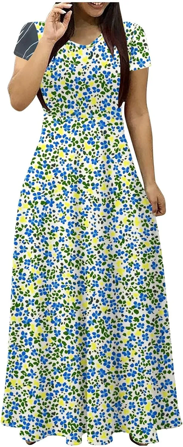Womens Short Sleeve Casual Sundress Boho Floral Print Vacation Maxi Dresses Fashion Loose Summer Outfit