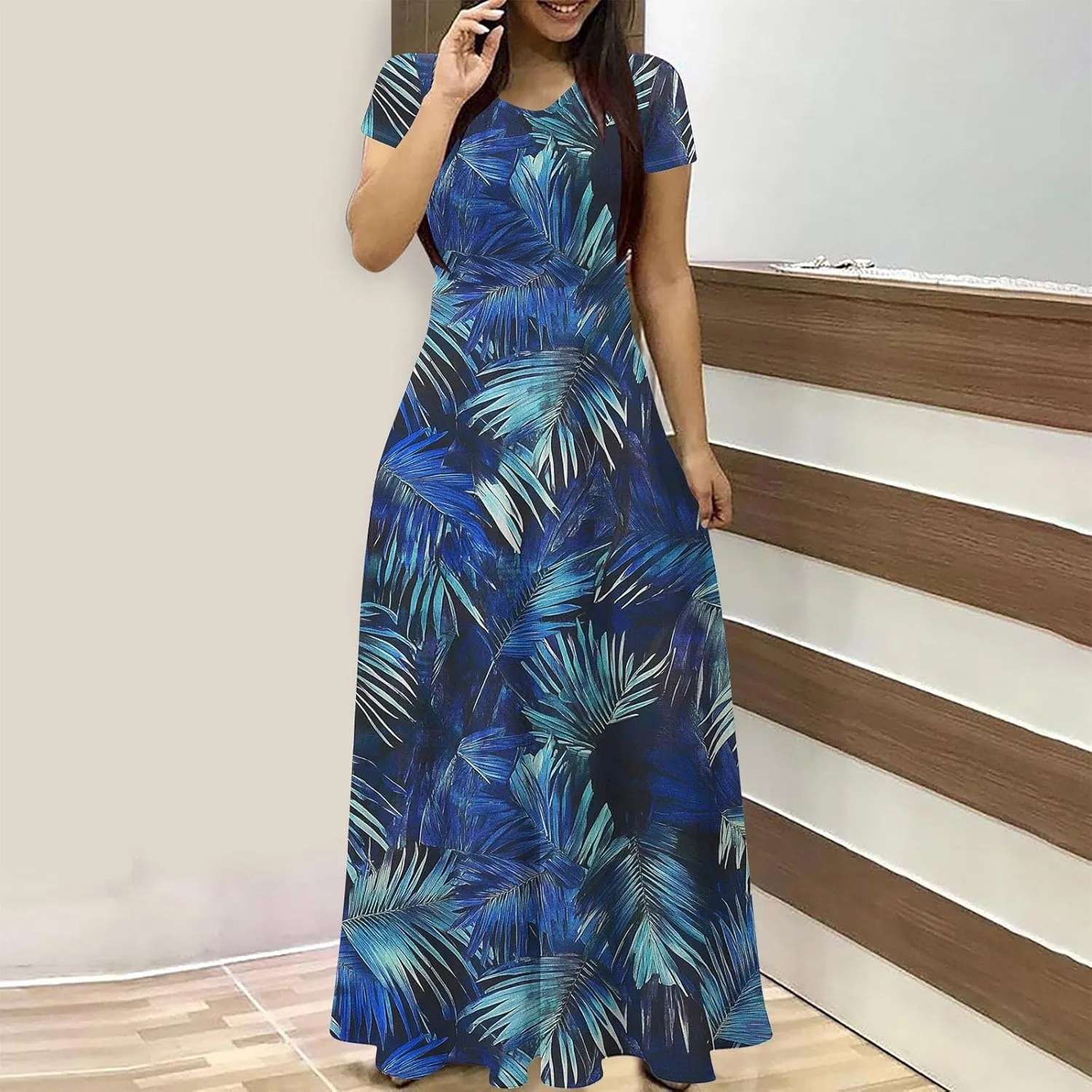 Womens Short Sleeve Casual Sundress Boho Floral Print Vacation Maxi Dresses Fashion Loose Summer Outfit