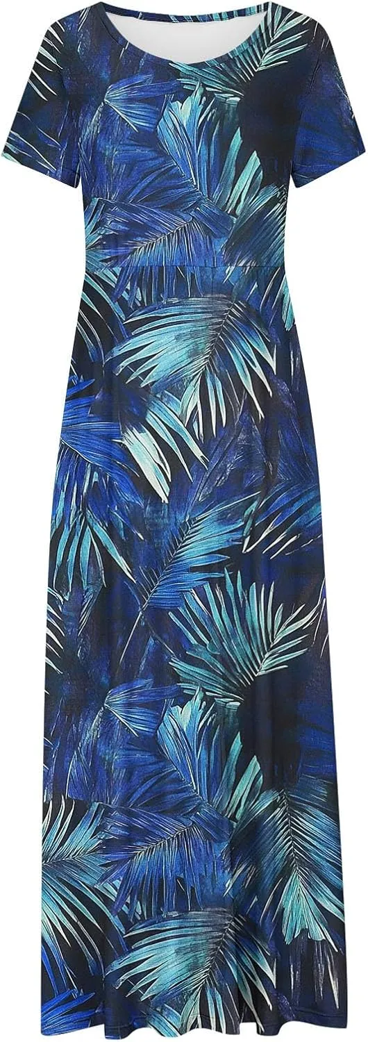 Womens Short Sleeve Casual Sundress Boho Floral Print Vacation Maxi Dresses Fashion Loose Summer Outfit