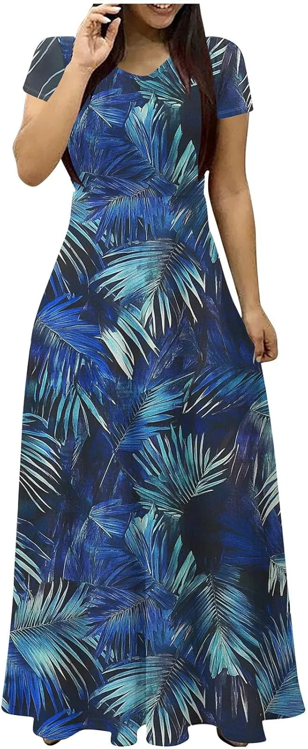 Womens Short Sleeve Casual Sundress Boho Floral Print Vacation Maxi Dresses Fashion Loose Summer Outfit