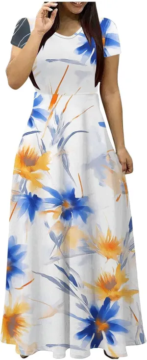 Womens Short Sleeve Casual Sundress Boho Floral Print Vacation Maxi Dresses Fashion Loose Summer Outfit
