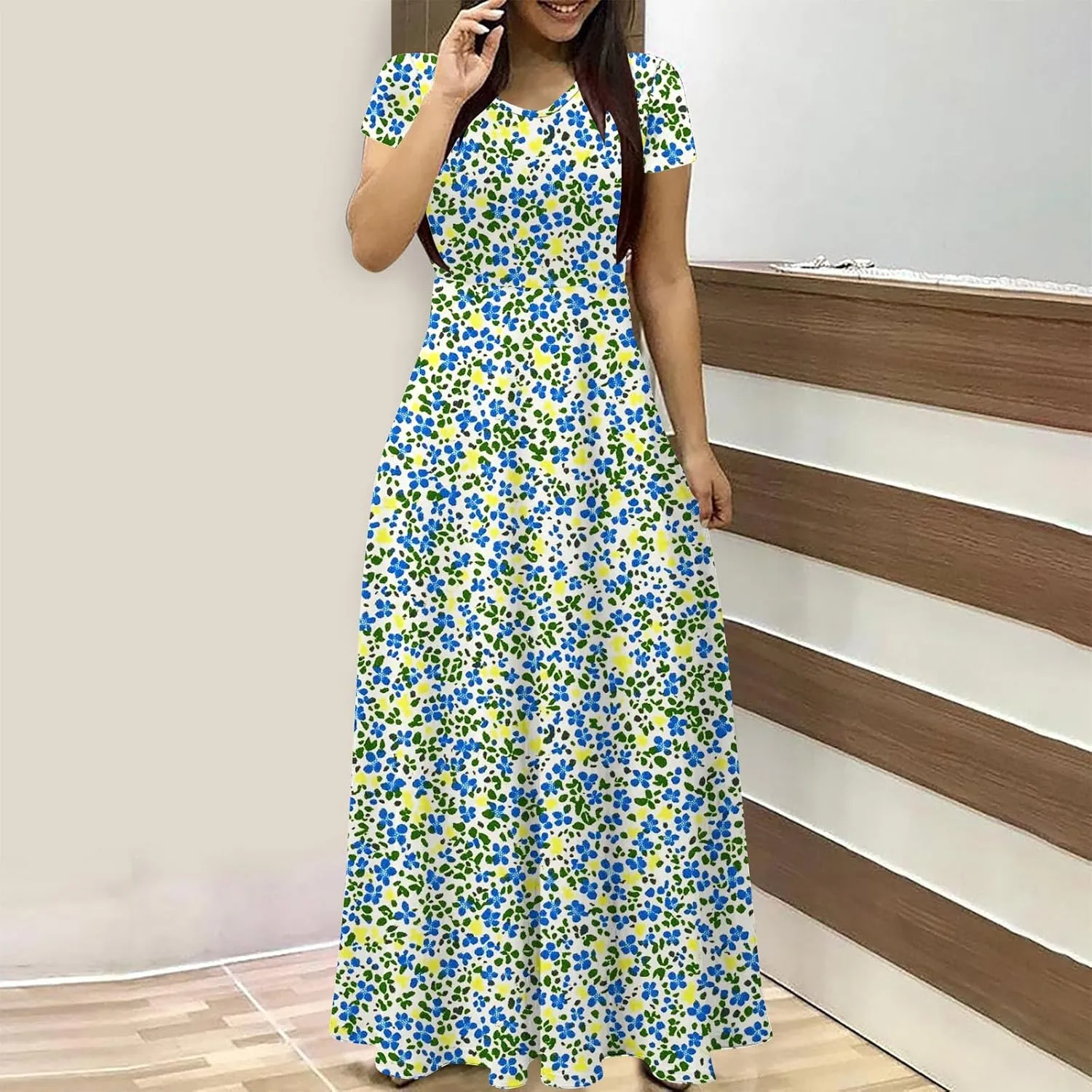 Womens Short Sleeve Casual Sundress Boho Floral Print Vacation Maxi Dresses Fashion Loose Summer Outfit