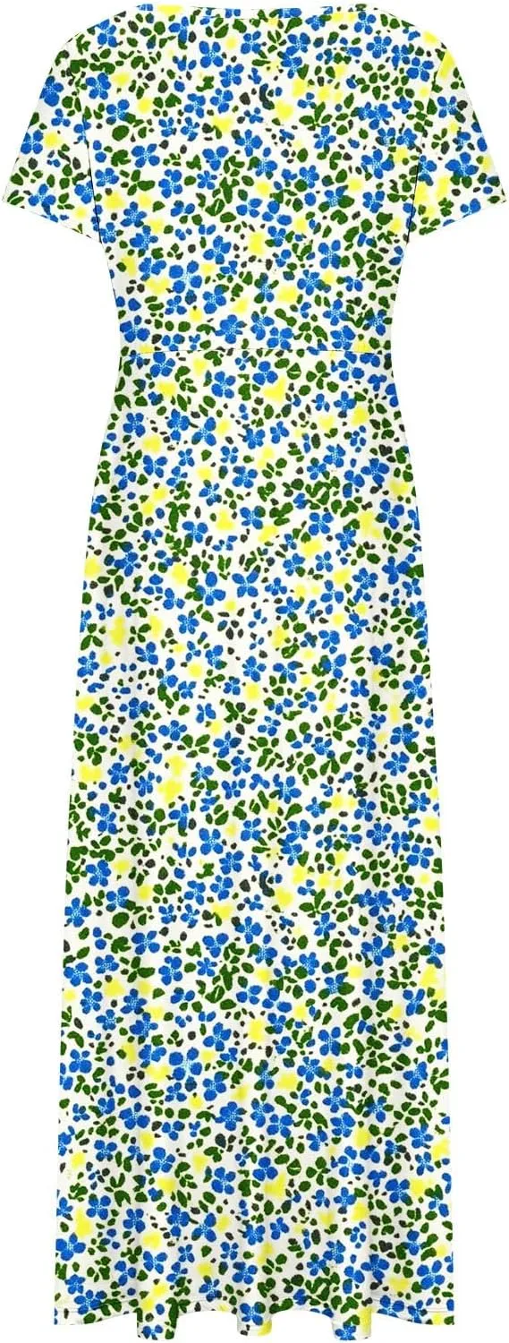 Womens Short Sleeve Casual Sundress Boho Floral Print Vacation Maxi Dresses Fashion Loose Summer Outfit