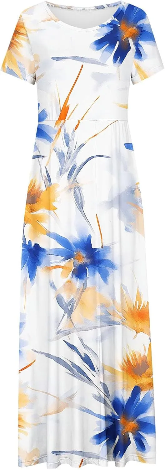Womens Short Sleeve Casual Sundress Boho Floral Print Vacation Maxi Dresses Fashion Loose Summer Outfit