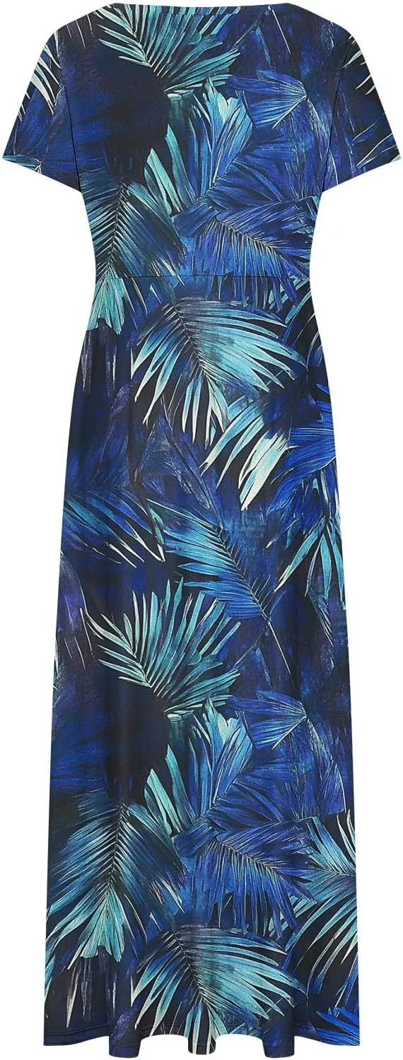 Womens Short Sleeve Casual Sundress Boho Floral Print Vacation Maxi Dresses Fashion Loose Summer Outfit