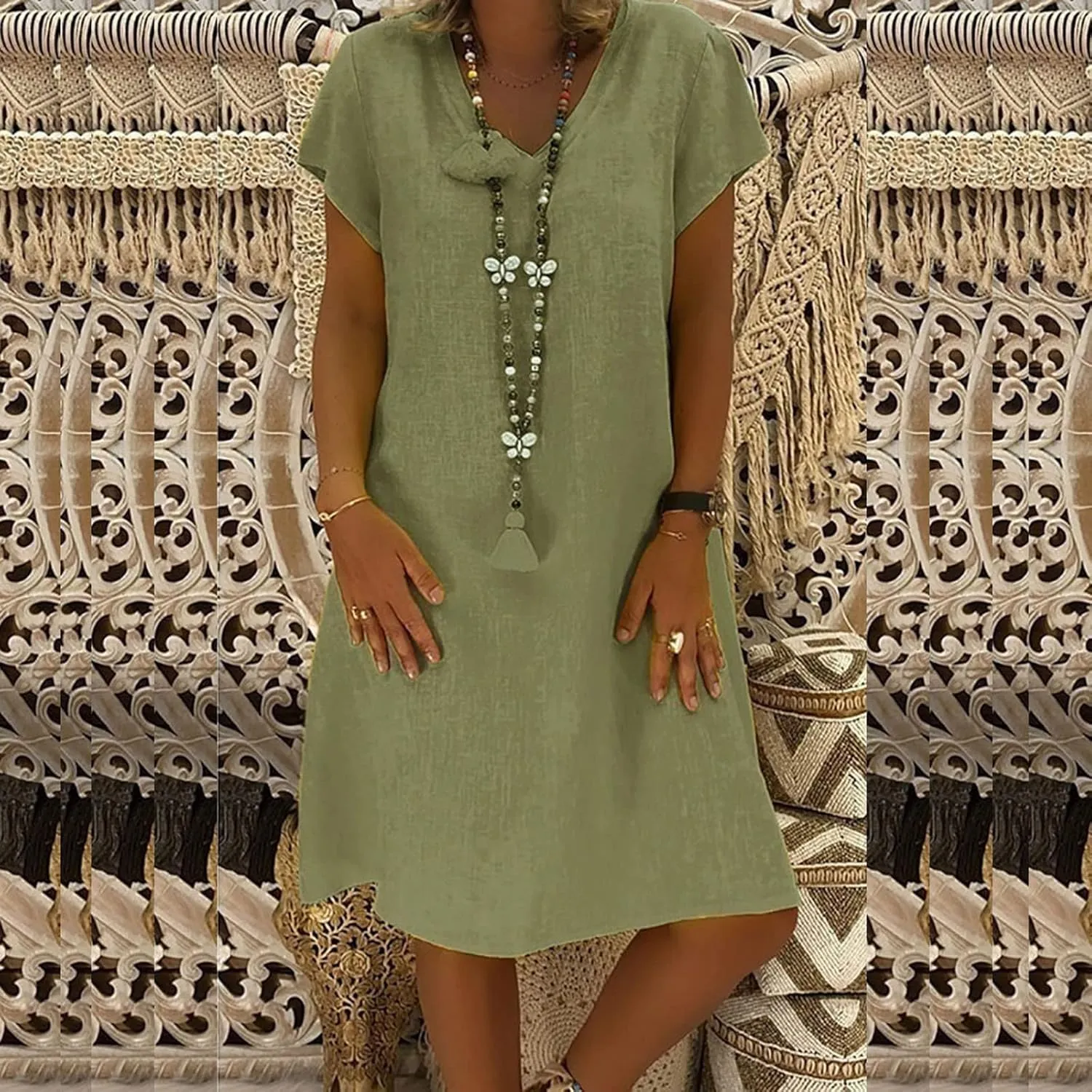 Womens Short Sleeve Cotton Linen Beach Dresses Simple Solid Color A Line Sundress V-Neck Loose Clothes