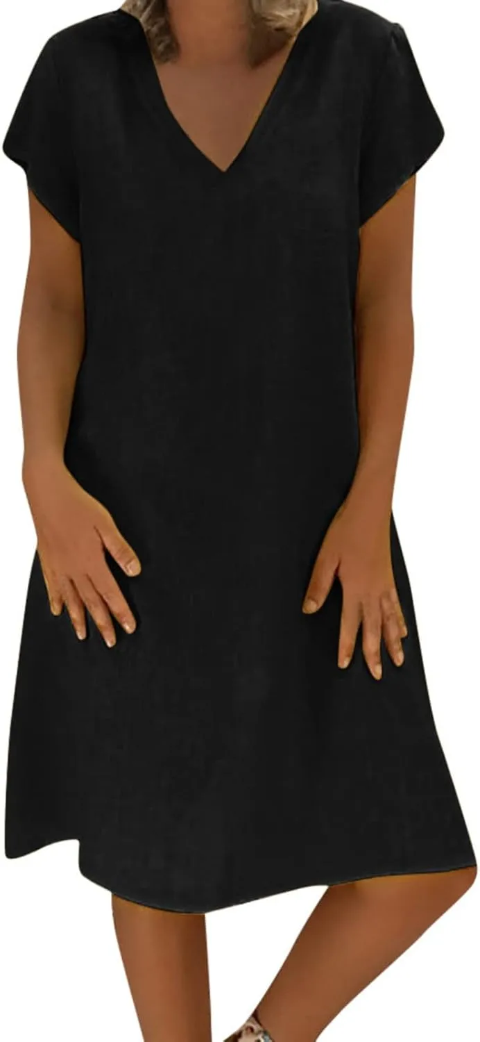 Womens Short Sleeve Cotton Linen Beach Dresses Simple Solid Color A Line Sundress V-Neck Loose Clothes