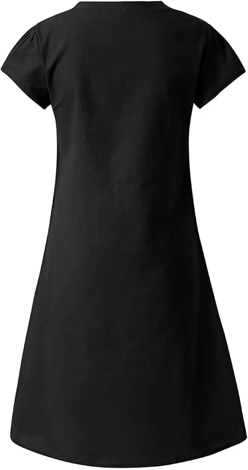 Womens Short Sleeve Cotton Linen Beach Dresses Simple Solid Color A Line Sundress V-Neck Loose Clothes