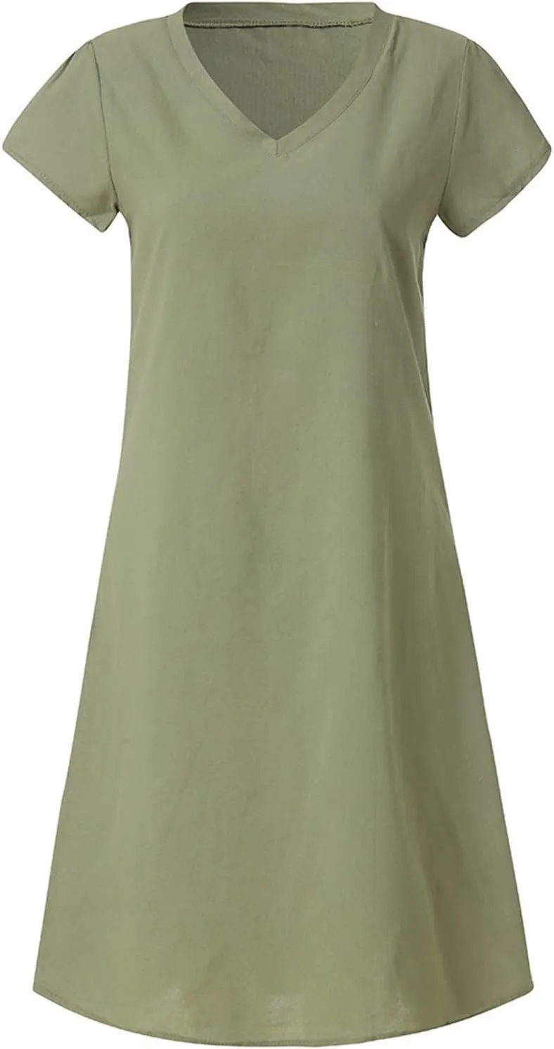 Womens Short Sleeve Cotton Linen Beach Dresses Simple Solid Color A Line Sundress V-Neck Loose Clothes