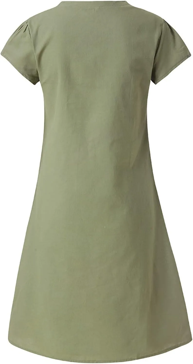 Womens Short Sleeve Cotton Linen Beach Dresses Simple Solid Color A Line Sundress V-Neck Loose Clothes